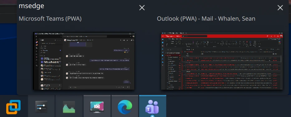 A screenshot of the Microsoft Edge PWA window grouping bug