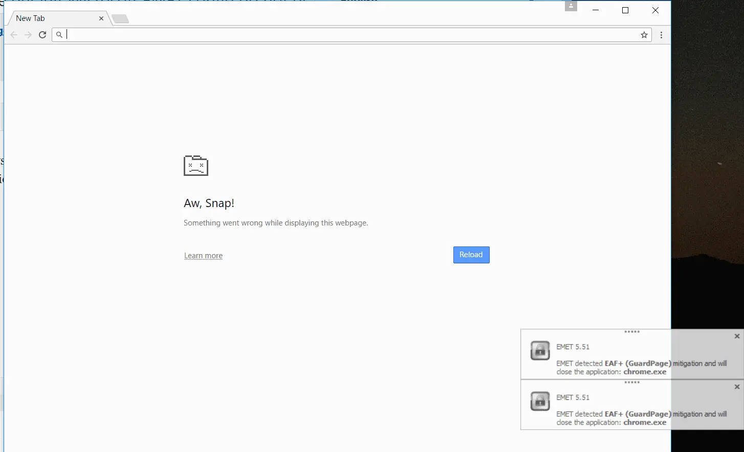 A screenshot of the EAF+ error generated by the latest Google Chrome release when used with the default EMET config