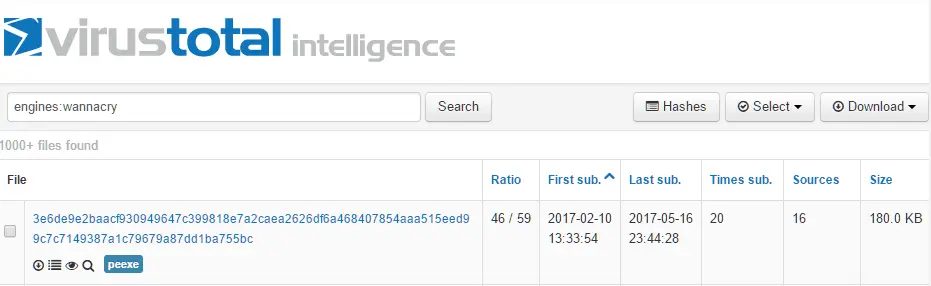 VirusTotal results showing the earliest observed sample of Wannacry ransomware