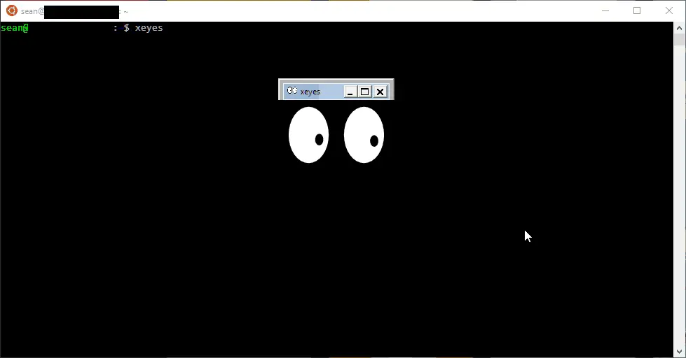 A screenshot of xeyes running on Bash on Ubuntu on Windows 10 WSL