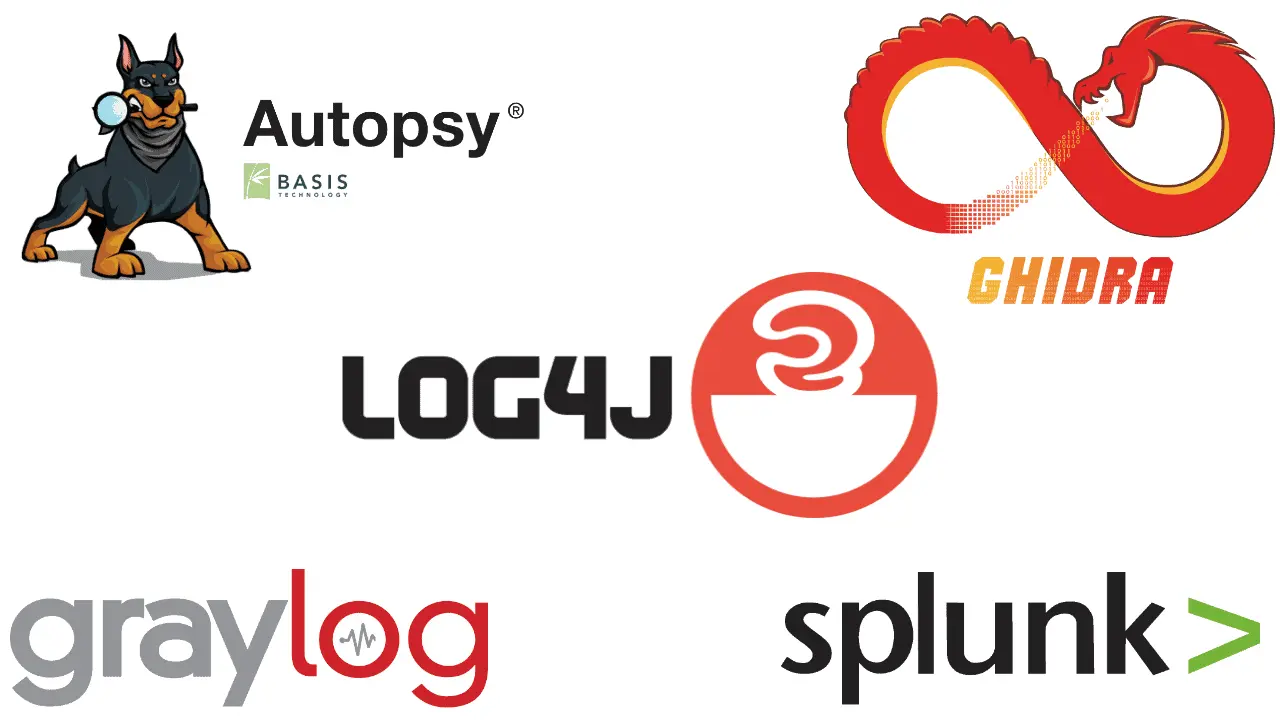 The Autopsy, Ghidra, Graylog, Log4j, and Splunk logos