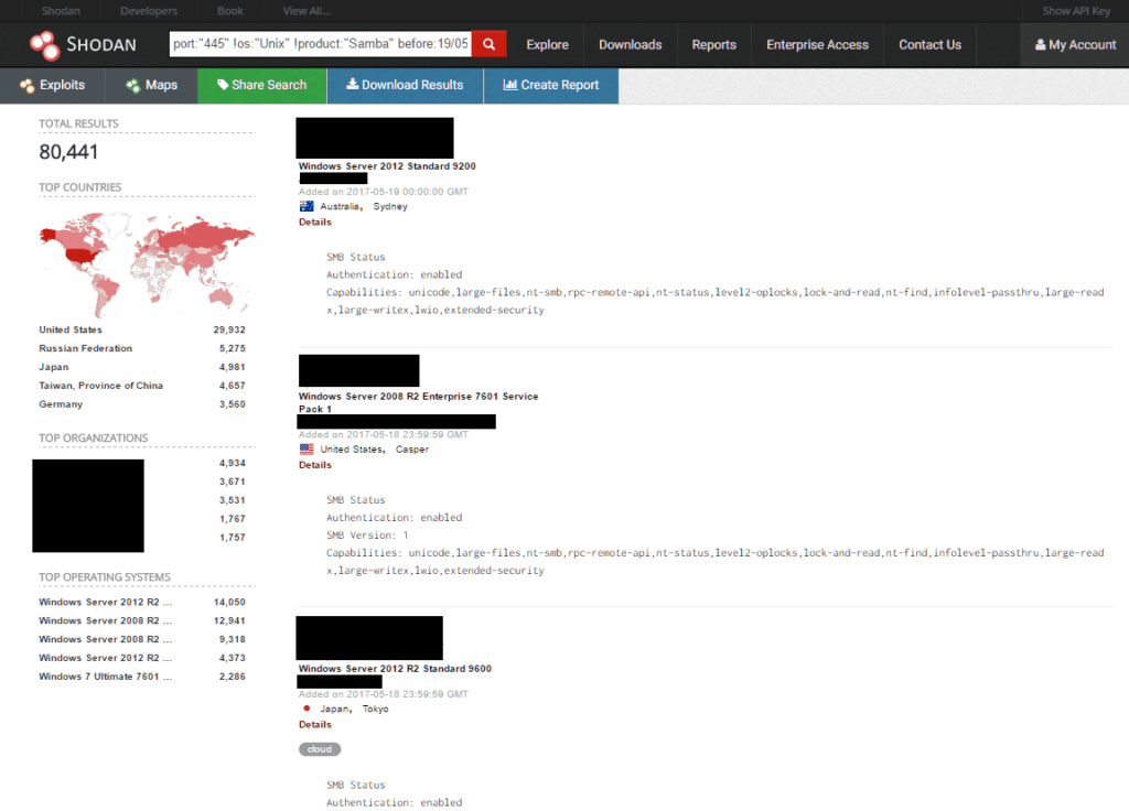 A screenshot of Shodan search results for Windows systems with exposed SMB on 2017-05-18