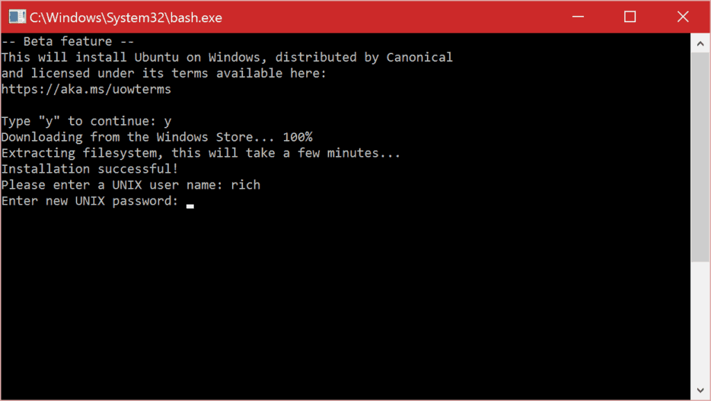 A screenshot of a new UNIX user being created for Bash on Ubuntu on Windows