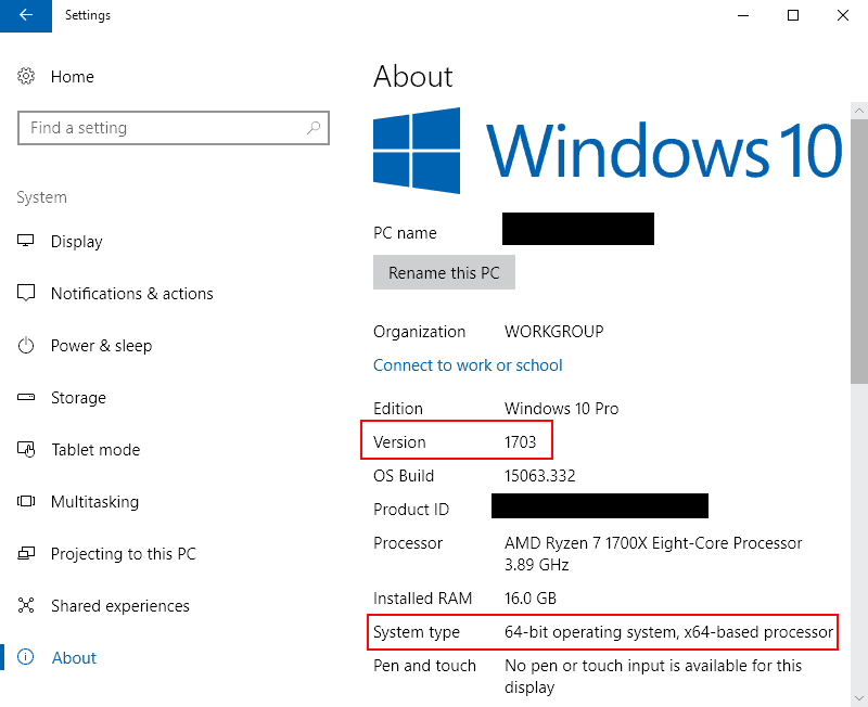 Acreenshot of the About section of the Windows 10 Settings app