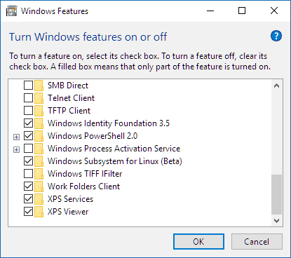 The Windows features dialog box in Windows 10