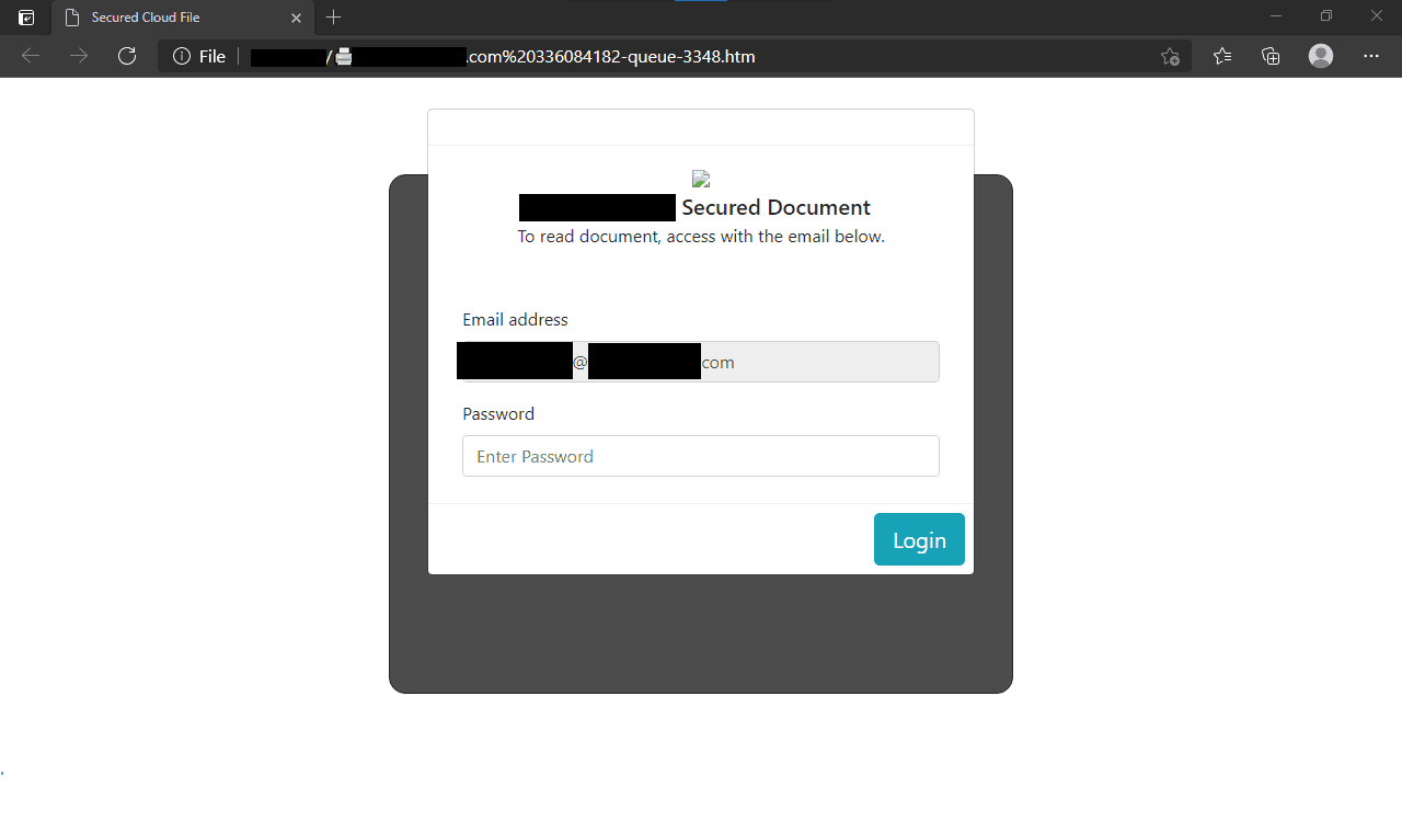A screenshot of a credential harvesting login page loaded in Microsoft Edge