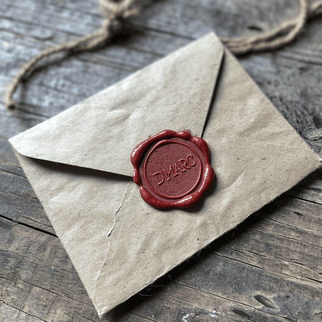 An image generated by the Midjourney AI 6.0 alpha model using the prompt: An envelope sealed with a wax seal embossed with the word "DMARC"